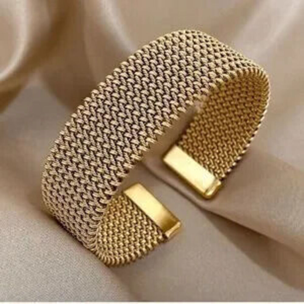 Gold Plated Stainless Steel Braided Mesh Cuff Bracelet